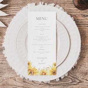 Plantilla de menú de boda con girasoles, tarjeta de invitación de boda imprimible, menú de cena de boda con motivos florales botánicos, menú de mesa larga