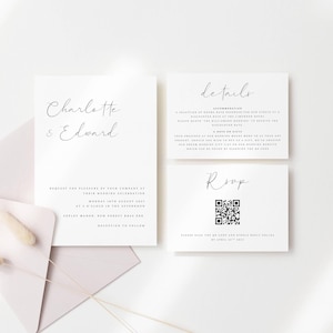 Elegant Wedding Suite Digital Download, QR Code RSVP Wedding Invitation Set Printable, Minimalist Wedding Stationary Downloadable, CHARLOTTE