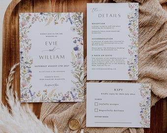 Invitación de boda con flores silvestres pastel: Plantilla floral bohemia editable (descarga digital)