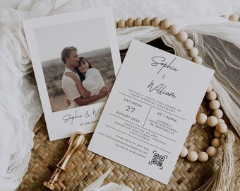 Photo Wedding Invitation, Minimalist Modern QR Code Template, Digital Download Printable Save the Date, Double Sided Editable Invitation