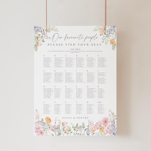Wildflower Our Favorite People Grote tabel zitplaatsen alfabetisch bruiloft alfabetisch zitplaatsen tabel bloemen bewerkbare sjabloon downloaden MLDC1