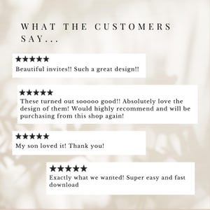 May include: A screenshot of customer reviews for a digital product. The reviews are all positive and include phrases like "Beautiful invites!" and "Exactly what we wanted!"