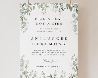 Greenery Unplugged Ceremony Wedding Sign Template: Minimalist Sign Digital Download, Pick a Seat Not a Side Modern Large Sign Printable