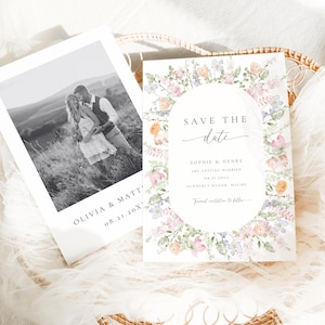 May include: Two wedding invitation cards. One is a black and white photo of a couple in a field, with the text "OLIVIA & MATT" and a date. The other is a floral "Save the Date" card with names and a date.