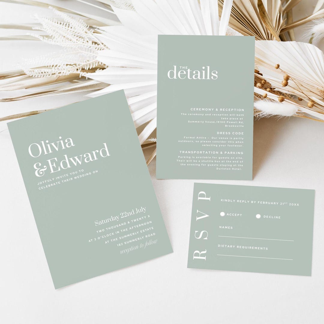 Sage Green Wedding Invitation Suite: Minimalist Editable Template ...
