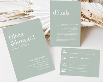 Sage Green Wedding Invitation Suite: Minimalist Editable Template (Digital Download)