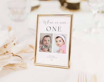 When We Were Young Wedding Sign Template, Photo Wedding Table Numbers, Minimalist Editable Template, Bride and Groom Childhood Sign