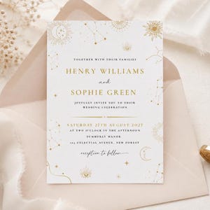 Celestial Wedding Invitation Template, Gold Moon Stars Invite (Digital Download)