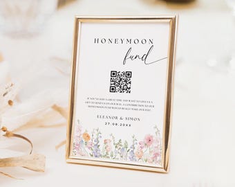 Wildflower Honeymoon Fund Sign Template, QR Code Fund Sign, Wedding Gifts Sign, Whimsical Floral Wedding Decor, Instant Download Canva