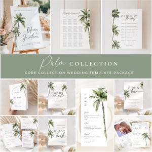 May include: A selection of wedding stationery templates with a palm tree theme. Includes a welcome sign, seating plan, order of the day, menu, guest book sign, and save the date cards. The designs are minimalist with green and white colours.