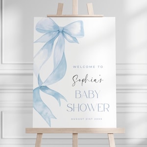 Baby Shower Welcome Sign, Blue Watercolor Bow Decor, Editable Boy Baby Shower Template, Printable Welcome Sign, Blue ribbon Welcome Poster