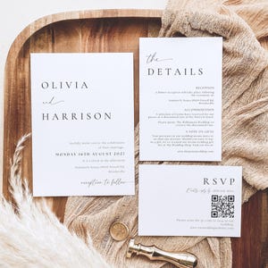 Modern Minimalist Wedding Invitation Suite Digital Download, Elegant Wedding Bundle, Details Card QR Code RSVP, Canva Template, MLAC