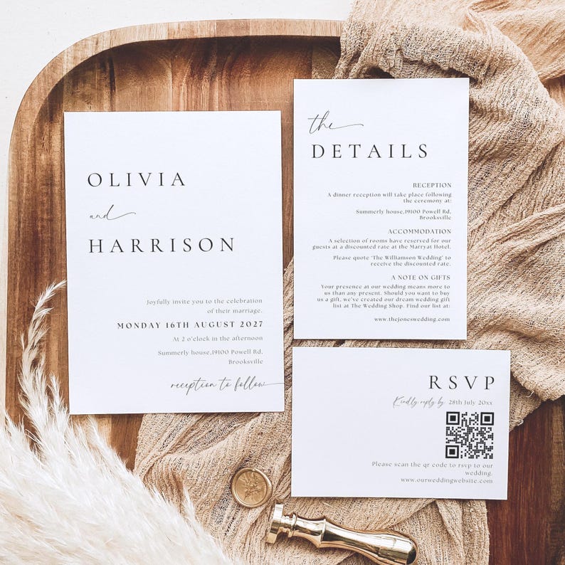 Modern Minimalist Wedding Invitation Suite Digital Download, Elegant Wedding Bundle, Details Card QR Code RSVP, Canva Template, MLAC image 1