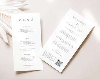 May include: Two wedding stationery cards with a minimalist design. One card says "MENU" with a list of dishes. The other card reads "WELCOME & THANK YOU" with a message. Both cards have black text on a white background.