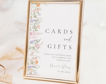 Wildflower Cards and Gifts Sign Template, Watercolor Flower Wedding Decor Printable, Reception Table Signs Floral, Editable Template MLDC