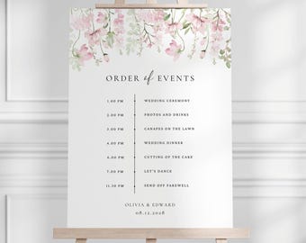 Pink Wildflower Order of Events Template, Pale Pink Wedding Sign Floral, Editable Template Canva, Order of Service Board Floral #MLOC