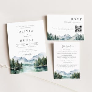 Watercolor Mountain Wedding Invitation Suite: Rustic Canva Template (Digital Download)
