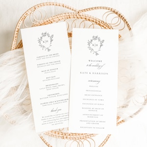 Plantilla editable de programa de doble cara con escudo, decoración de boda con monograma botánico, KATE