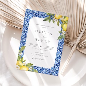 Lemon Wedding Invitation Mediterranean Wedding Invite Lemon and Blue Tiles Instant Download Canva Template Italian Wedding Theme Editable