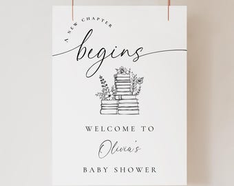 A New Chapter Begins Baby Shower Welcome Sign Storybook Template Download Poster, Baby Sprinkle Welcome Board