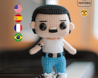 AMIGURUMI PATTERN Freddie Mercury Crochet Pattern | PDF Pattern Download in English/Spanish/Portuguese/French