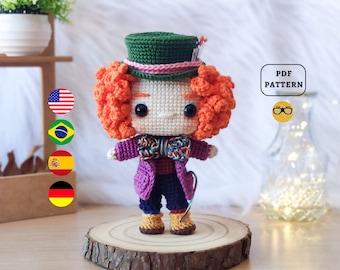 AMIGURUMI PATTERN Mad Hatter Crochet Pattern | Lewis Carroll Alice in Wonderland | Villain | PDF Pattern Download | En Es De Pt