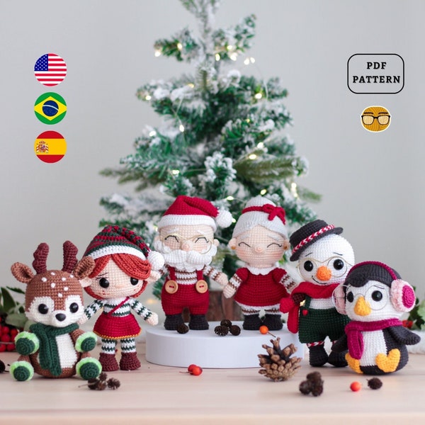 AMIGURUMI PATTERN Christmas Collection Crochet Pattern || Santa Claus+Grinch+Snowman+Penguin+Reindeer+Elf+Mrs. Claus || PDFs | En Es Pt |