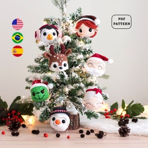 AMIGURUMI PATTERN Christmas Tree Ornaments Crochet Pattern || Santa Claus+Grinch +Snowman+Penguin+Reindeer+Elf+Mrs.Claus || PDFs | En Es Pt