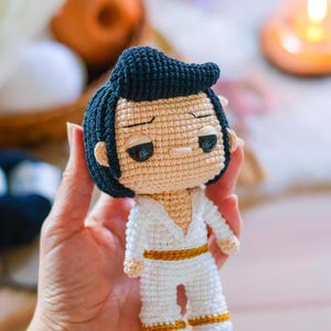 May include: A crocheted doll with black hair, a white jumpsuit, and a gold belt. The doll has a serious expression and large eyes.