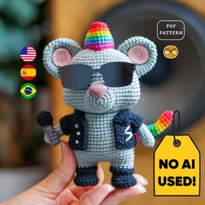 Patrón de ganchillo para ratón estrella de rock, amigurumi mohicano arcoíris con micrófono / PDF / Inglés, portugués, español