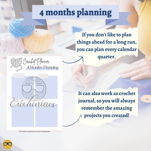 May include: A crochet planner with the text "4 months planning" and "Crochet Planner". The planner has a light blue background with a yarn ball graphic wearing glasses. The image also includes balls of yarn in blue, pink, and yellow.