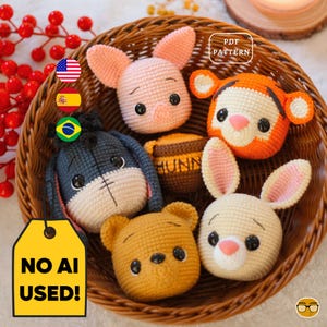 Winnieh the Pooh Friends Mini Heads Crochet PATTERN Set, Keychain Amigurumi | Eeyore Piglet Tigger Rabbit | PDF | Eng Pt Es