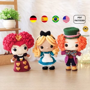 AMIGURUMI PATTERN Pack Alice in Wonderland Crochet Pattern | Alice, Red Queen and Mad Hatter | PDF Pattern Download in En/Es/Pt/De