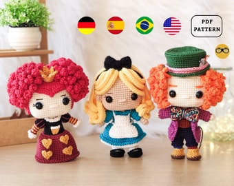 AMIGURUMI PATTERN Pack Alice in Wonderland Crochet Pattern | Lewis Carroll | Alice Red Queen Mad Hatter | PDF Pattern Download | En Es Pt De