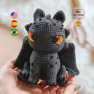 AMIGURUMI MUSTER Schwarzer Drache | Anleitung für Häkelanleitungen PDF Tutorial Anleitung | Eng Es Pt