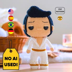 Elvis Presley Crochet PATTERN, King of Rock n' Roll Amigurumi in White Jumpsuit | PDF | Eng Es Pt De