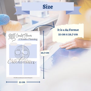 May include: A4-format crochet planner, 21 cm x 29.7 cm, with a light blue and white design. The planner includes the text "Crochet Planner 4 Months Planning" and "Crocheniacs". The image also shows yarn balls.