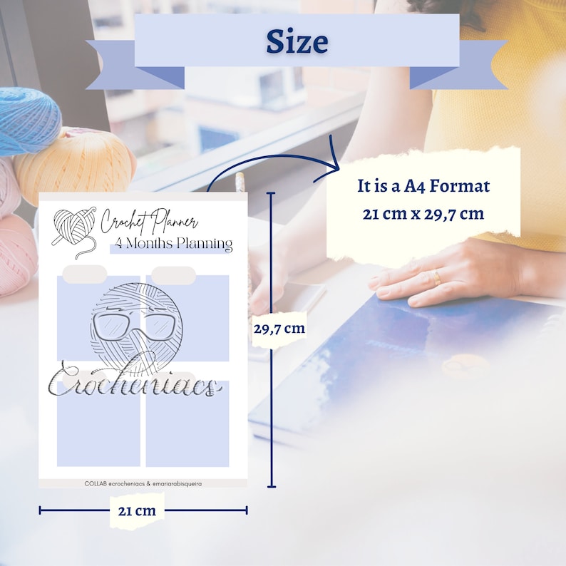 May include: A4-format crochet planner, 21 cm x 29.7 cm, with a light blue and white design. The planner includes the text "Crochet Planner 4 Months Planning" and "Crocheniacs". The image also shows yarn balls.