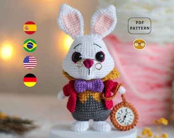 AMIGURUMI PATTERN White Rabbit Crochet Pattern | Lewis Carroll Alice in Wonderland | PDF Pattern | En Es Pt De