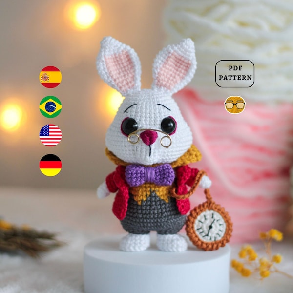 MODELLO AMIGURUMI Schema Coniglio Bianco all'uncinetto / Lewis Carroll Alice nel Paese delle Meraviglie / Schema PDF / En Es Pt De