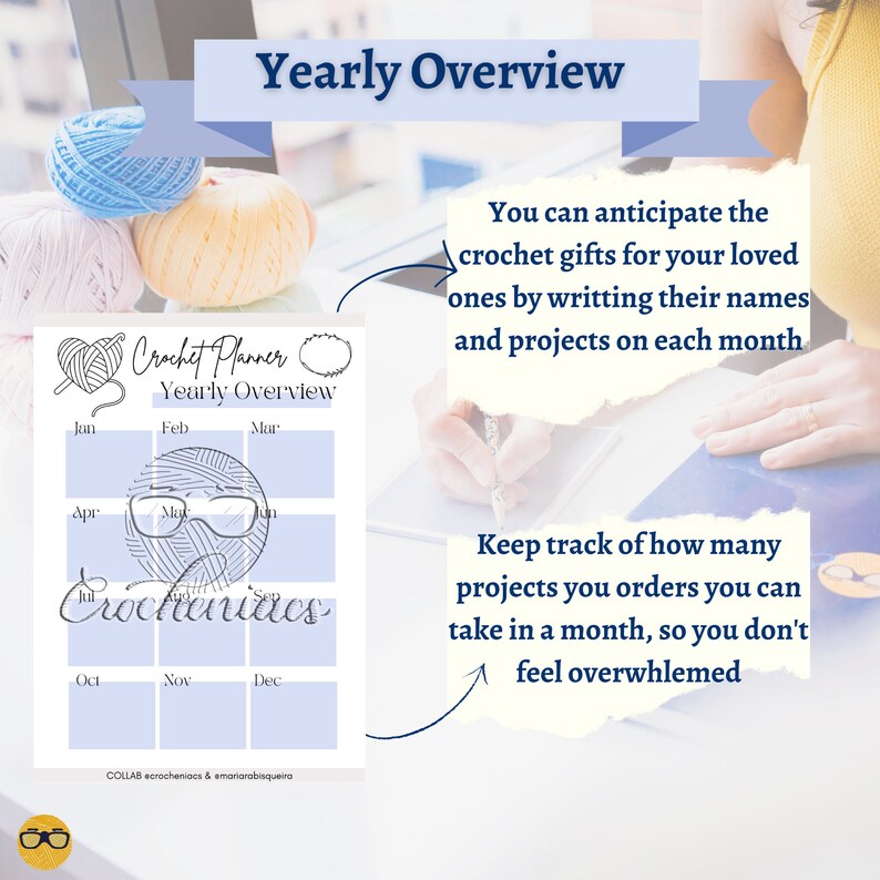 May include: A crochet planner with the text "Yearly Overview" and "Crochet Planner". The planner has monthly sections and a graphic of yarn and glasses. Text on the image says "You can anticipate the crochet gifts for your loved ones by writing their names and projects on each month."