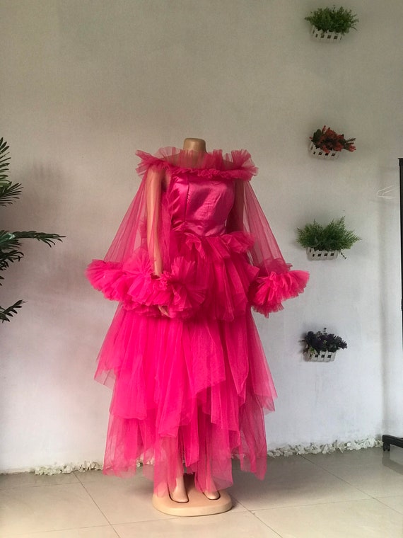 Titi Hot Pink off the Shoulder Tulle Long Women Dresses Side Split