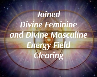 Può includere: Un'immagine viola e dorata con un cerchio al centro. Il testo "Joined Divine Feminine and Divine Masculine Energy Field Clearing" è scritto in lettere bianche. Il testo "@DivineEnergyWorks" è scritto in lettere bianche nella parte inferiore dell'immagine.