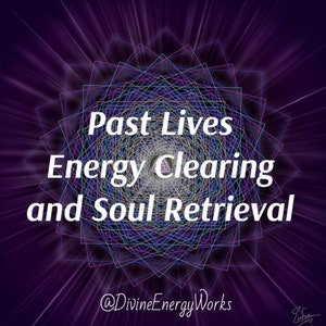 Può includere: Sfondo viola con un motivo geometrico al centro. Il testo "Past Lives Energy Clearing and Soul Retrieval" è scritto in lettere bianche. Il testo "@DivineEnergyWorks" è scritto in lettere bianche nella parte inferiore dell'immagine.