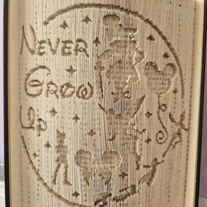 Pode incluir: Um livro com as páginas dobradas para criar uma imagem 3D de Peter Pan, Sininho e Capitão Gancho. As palavras "Never Grow Up" são visíveis no fundo.