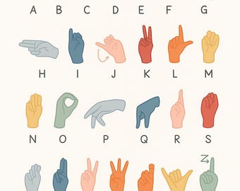 May include: A poster displaying the sign language alphabet, with each letter represented by a hand gesture. The letters A through Z are shown, each in a different color, against a cream background. The text "SIGN LANGUAGE ALPHABET" is at the top.