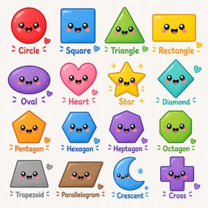 May include: A collection of sixteen colorful geometric shapes, each featuring a smiling face. The shapes include a circle, square, triangle, rectangle, oval, heart, star, diamond, pentagon, hexagon, heptagon, octagon, trapezoid, parallelogram, crescent, and cross.
