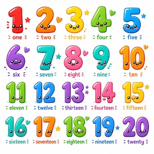 May include: A collection of colourful, cartoon-style numbers from one to twenty, each featuring a smiling face with large eyes. The numbers are rendered in various bright colours including red, orange, yellow, green, blue, purple, and pink, with small decorative stars and hearts.
