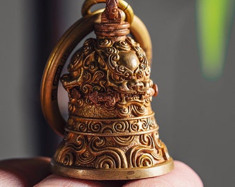 Lion-Biting Sword Bell in Brass with Copper Inlay, Motorcycle Bells, Ride Safe Keychain