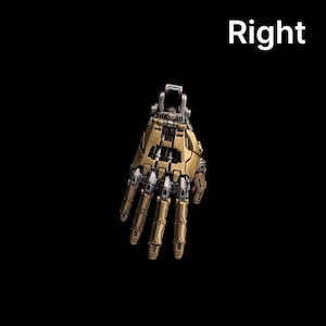 May include: A mechanical robotic hand component featuring a metallic gold and silver finish with visible joints, pistons, and intricate structural plating. The word Right is printed in white text in the upper right corner against a black background.